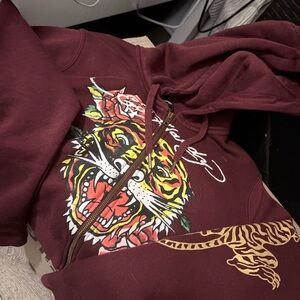 Ed Hardy Maroon Zip-Up Sweater with Tiger Graphic